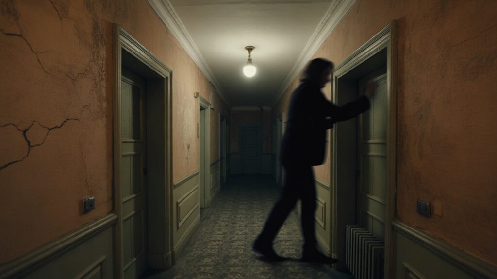 Creepy hotel hallway where a man mysteriously vanished into the wall.