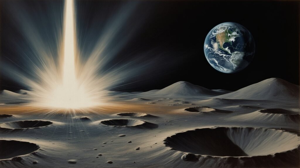 Concept art of a nuclear flash on the moon’s horizon with Earth visible Concept art of a nuclear flash on the moon’s horizon with Earth visible