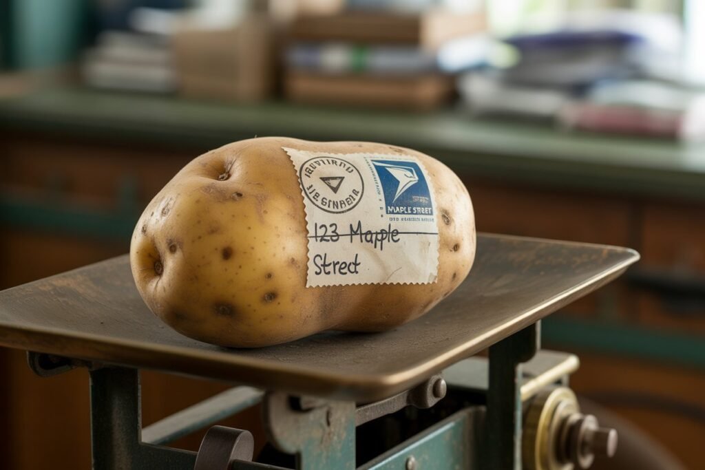 Close-up photo-real shot of a raw potato with postage stamps and a handwritten address on it Close-up photo-real shot of a raw potato with postage stamps and a handwritten address on it