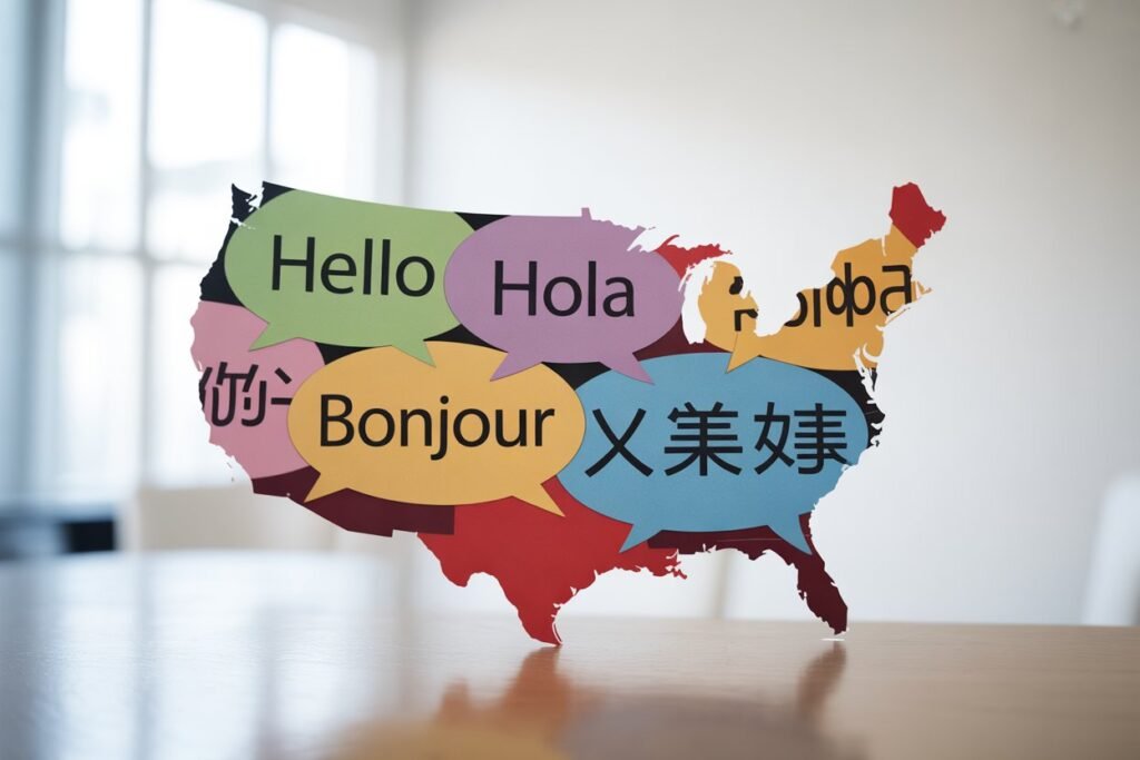 USA map formed by overlapping speech bubbles in multiple languages USA map formed by overlapping speech bubbles in multiple languages
