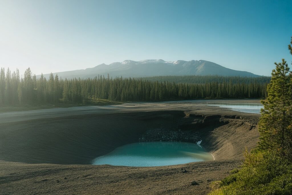 Aerial landscape of Lost Lake draining into a large dark lava tube ‘drain’ in the lakebed Aerial landscape of Lost Lake draining into a large dark lava tube ‘drain’ in the lakebed