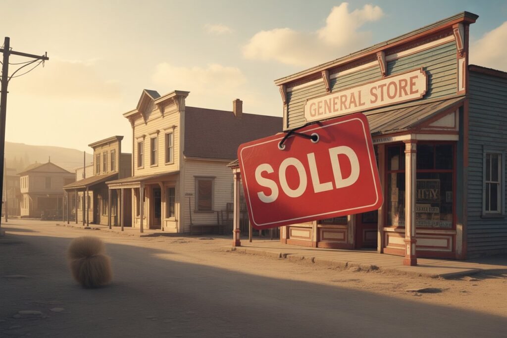 Small old Western-style American town main street with a big red ‘SOLD’ tag Small old Western-style American town main street with a big red ‘SOLD’ tag