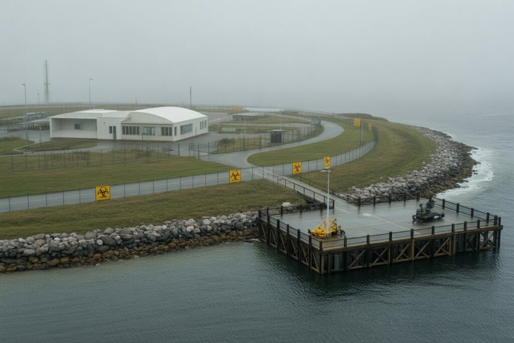 Aerial view of a restricted research island: labs, perimeter fences, biohazard signs, foggy Atlantic shore, guarded dock Aerial view of a restricted research island: labs, perimeter fences, biohazard signs, foggy Atlantic shore, guarded dock