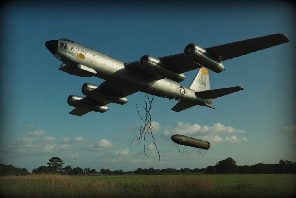 Historical editorial art: B-52 breaking apart over rural North Carolina at night Historical editorial art: B-52 breaking apart over rural North Carolina at night