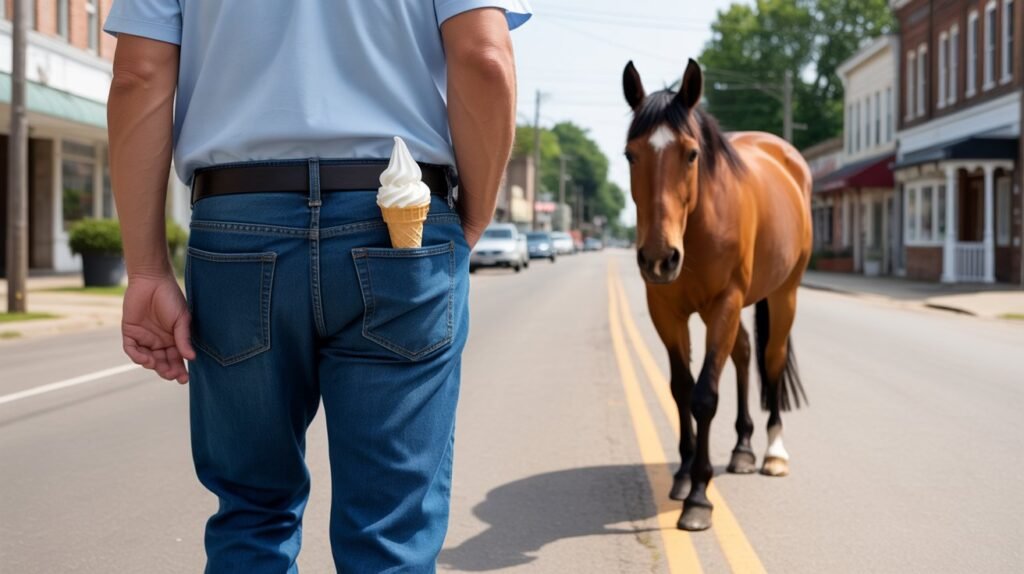 Humorous scene: person with an ice cream cone tucked in their back pocket person with an ice cream cone tucked in their back pocket