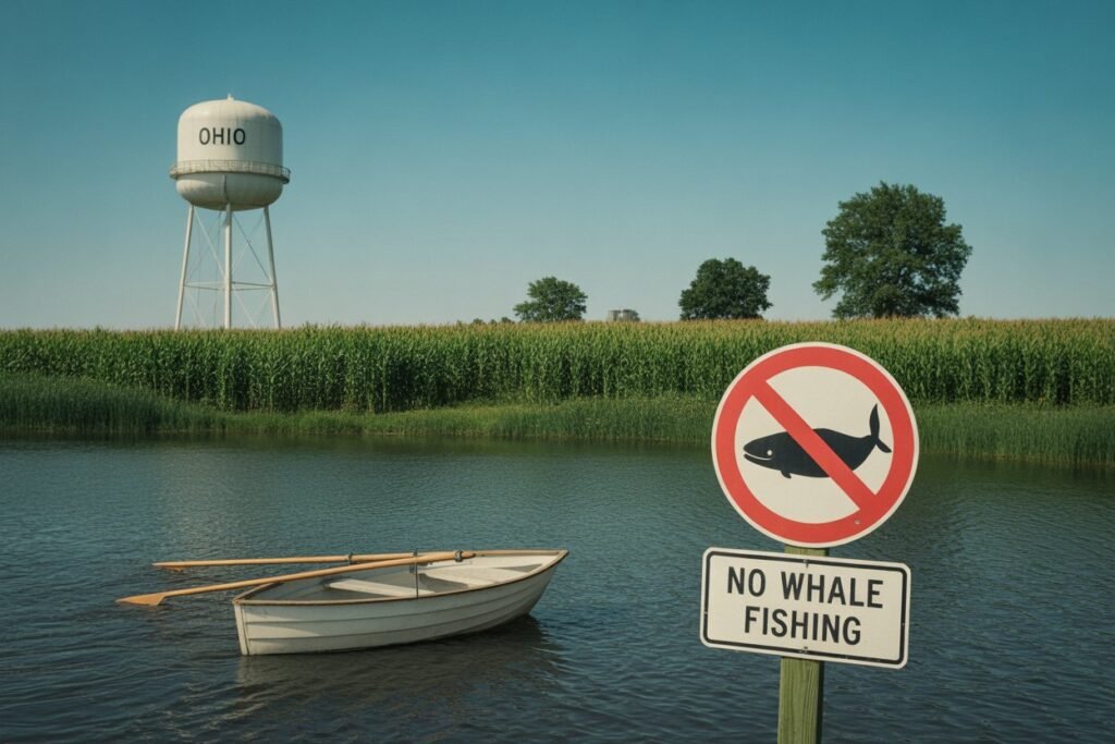 Playful editorial art of a midwestern lake with a ‘No Whale Fishing’ sign, tiny rowboat, cornfields and a water tower marked Ohio Playful editorial art of a midwestern lake with a ‘No Whale Fishing’ sign, tiny rowboat, cornfields and a water tower marked Ohio