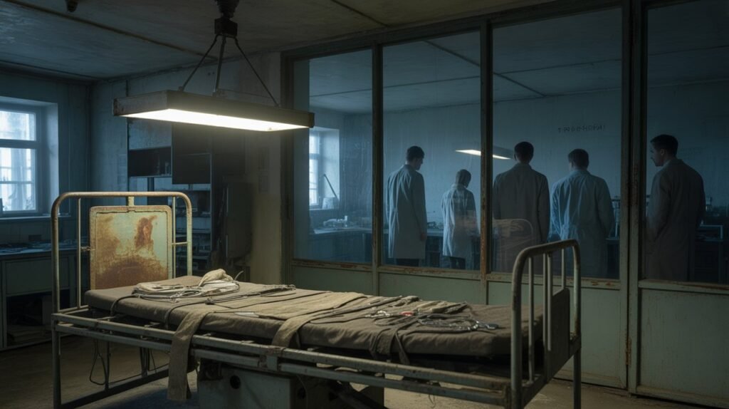Creepy abandoned lab showing beds and shadows from the rumored sleep experiment.