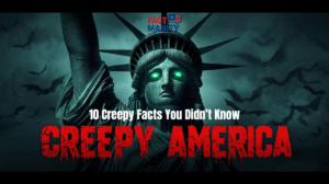 Creepy Statue of Liberty with glowing green eyes and bats in the night sky — creepy facts about America theme image.