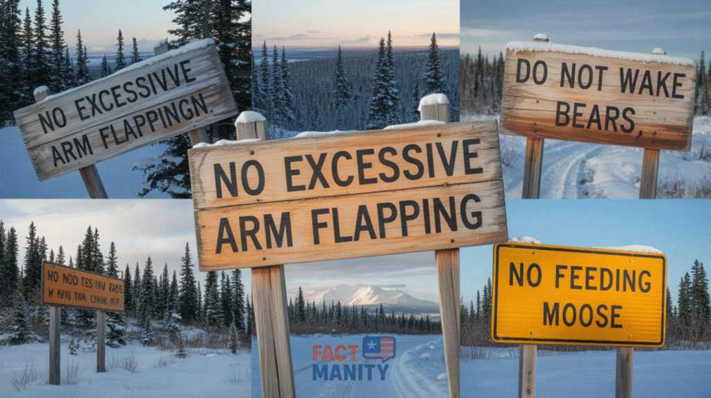 A collage of funny Alaskan law signs displayed in a snowy wilderness.