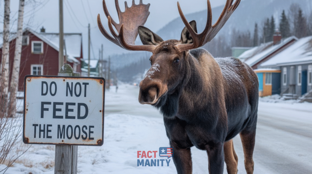 A moose standing near a town road in Alaska with a sign warning people not to feed it.