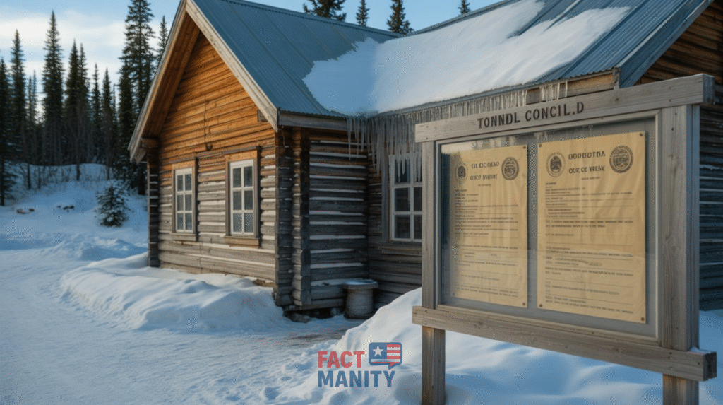 A remote Alaska town building with old municipal ordinance papers on a bulletin board.