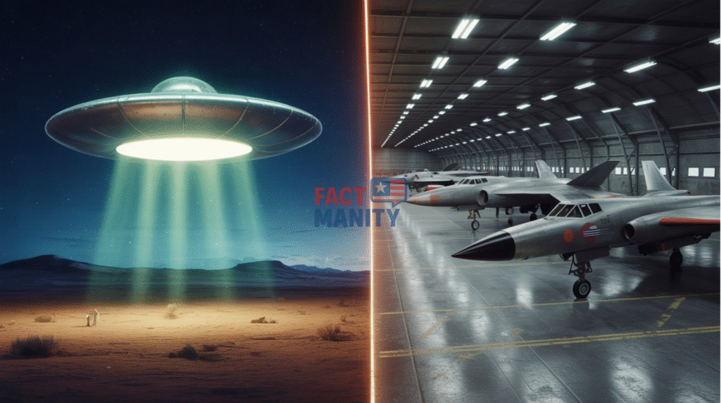 Concept art comparing UFO theories with actual classified aircraft testing.