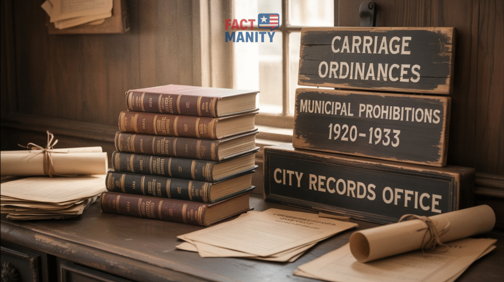 Historical-legal-illustration-of-old-Georgia-law-books-stacked-beside-antique-signage-about-carriages-prohibition-era-rules-and-dusty-municipal-records-atmospheric-lighting-sepia-tones