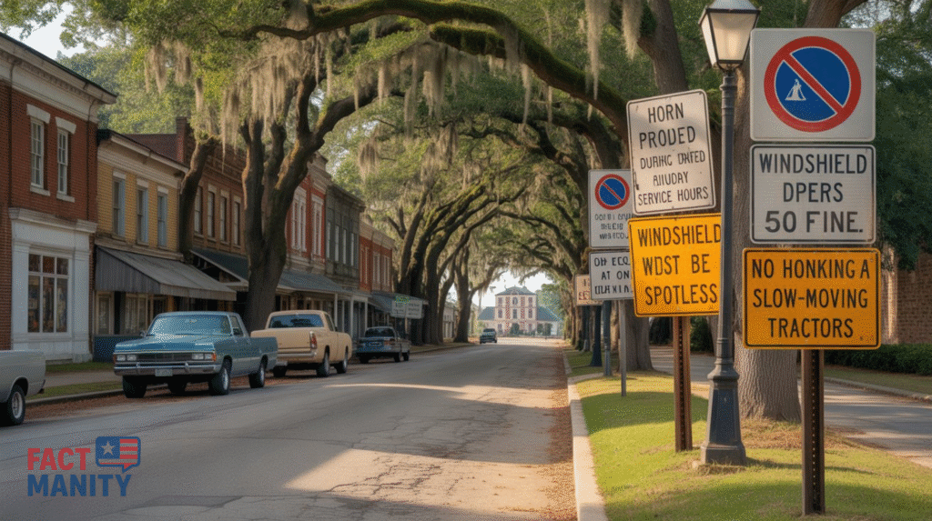 Illustration of strange old Alabama driving ordinances with unusual vehicle rule signs.