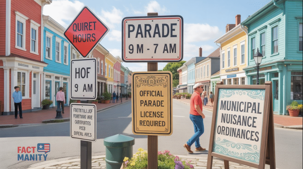 Playful-illustration-showing-small-Georgia-towns-with-quirky-rules—noise-curfew-signs-parade-permit-badges-old-fashioned-nuisance-law-posters—bright-modern-color-mix-whimsical-but-clean