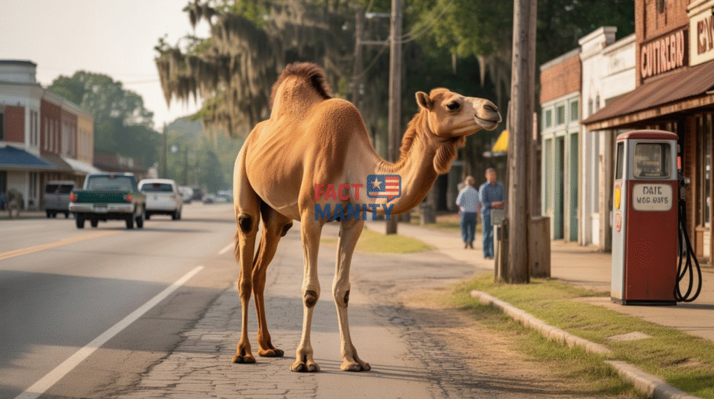 Realistic illustration of a camel on an Alabama highway representing old livestock ordinances.