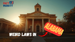 Old Alabama courthouse with humorous legal symbolism representing weird laws in Alabama.