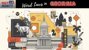 Editorial illustration representing the weird laws in Georgia with state outline, courthouse imagery, and quirky icons