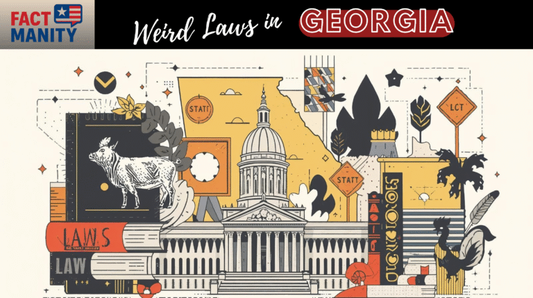 Editorial illustration representing the weird laws in Georgia with state outline, courthouse imagery, and quirky icons