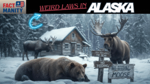 A cinematic illustration of Alaska wildlife showing a sleeping bear, a moose, and humorous law signs representing weird laws in Alaska.
