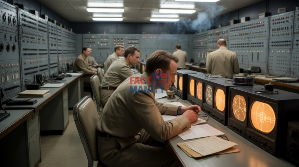1960s Cold War control room at a Nevada test site with analog equipment and classified files for project Abigail Area 51.