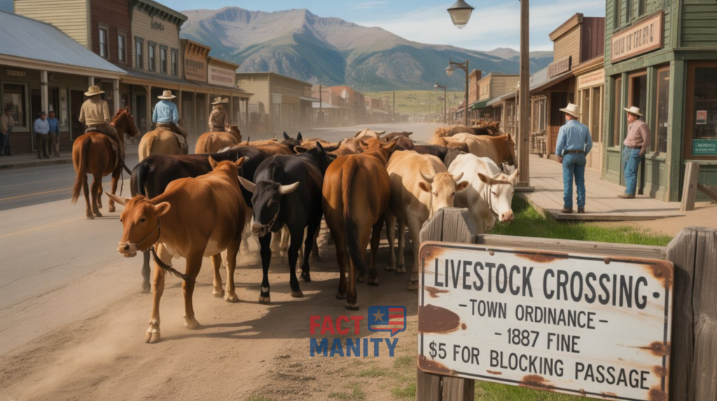 Colorado rural livestock ordinance concept with cows and street signs showing one of the weird laws in Colorado.