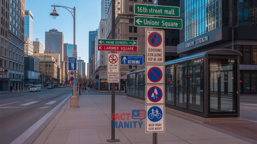 Downtown Denver with highlighted law and noise ordinance icons.