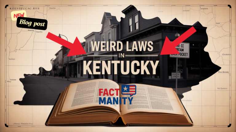 Featured image showing weird laws in Kentucky's concept with law-book and humorous sign