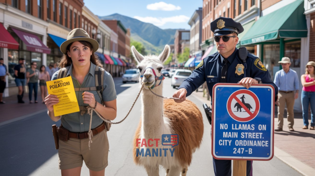 Funny illustration of a person walking a llama in a Colorado town.