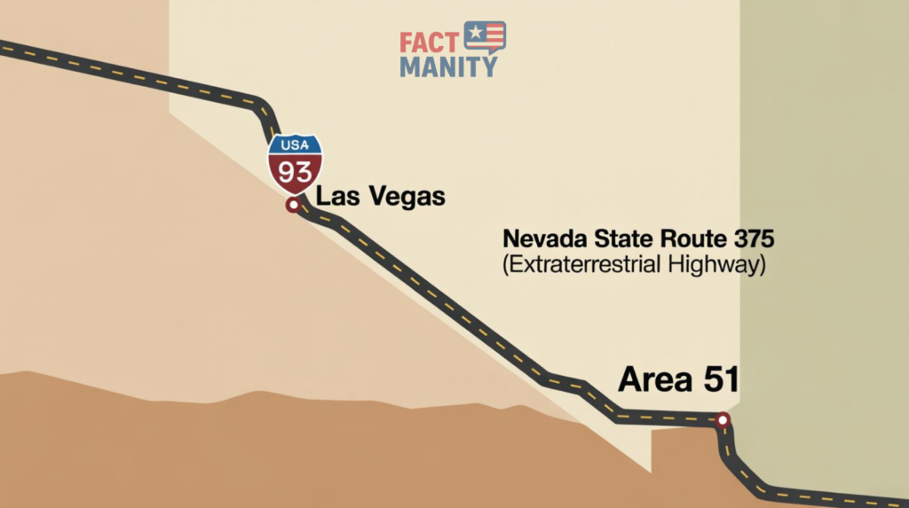 Map showing the driving route from Las Vegas to Area 51 and showing how far is area 51 from Vegas.