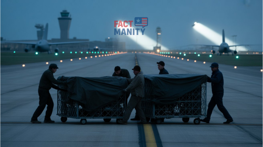 Nighttime loading of covered crates near a restricted Nevada military site.