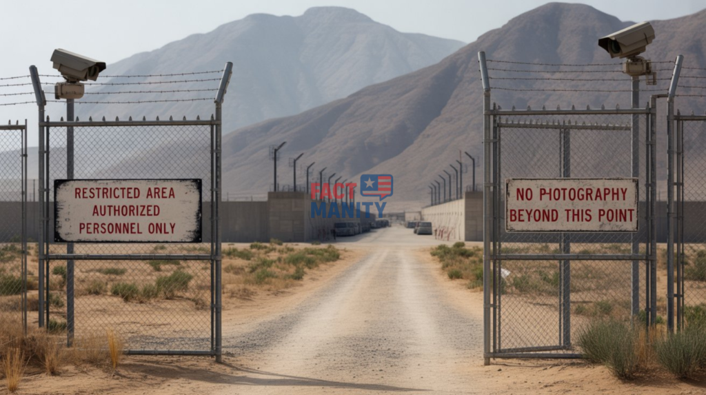 Restricted military gate similar to the Area 51 perimeter.