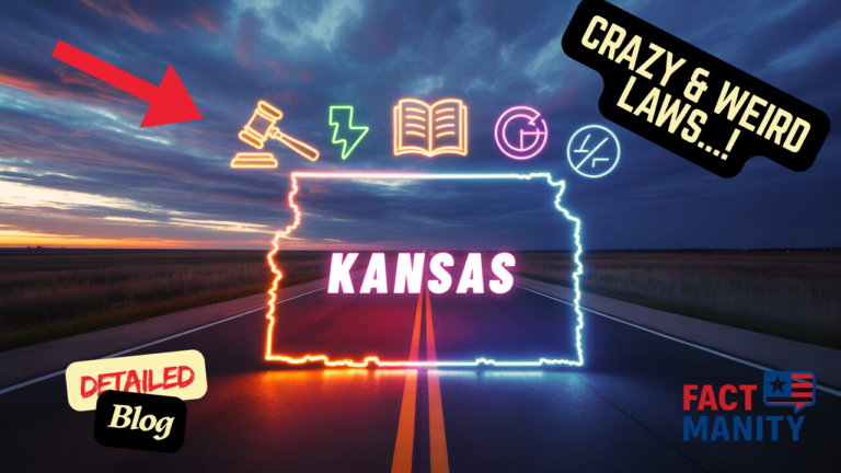 Strange and weird laws in Kansas illustrated with quirky legal imagery over a Kansas landscape.