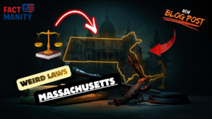 Weird laws in Massachusetts illustrated with historical symbols and the Massachusetts state map
