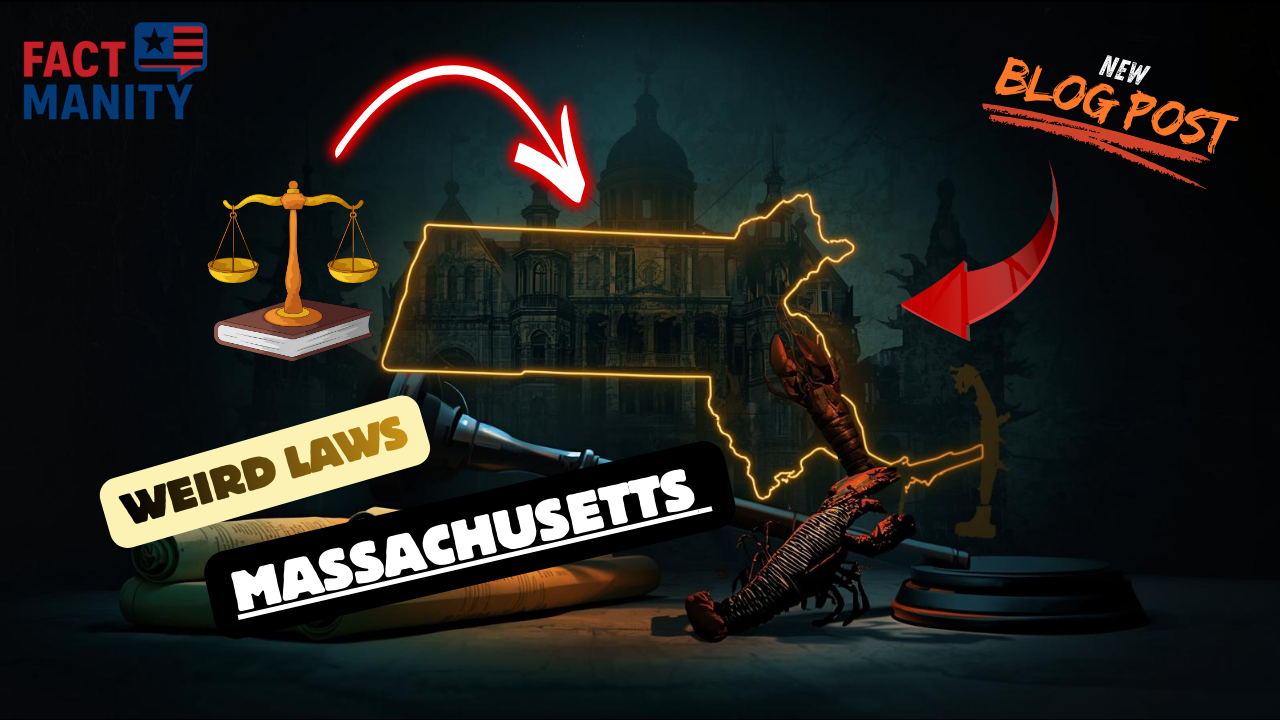 Weird laws in Massachusetts illustrated with historical symbols and the Massachusetts state map