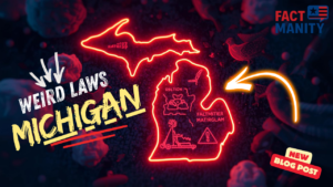Weird laws in Michigan illustrated with a cinematic map of Michigan and legal symbols