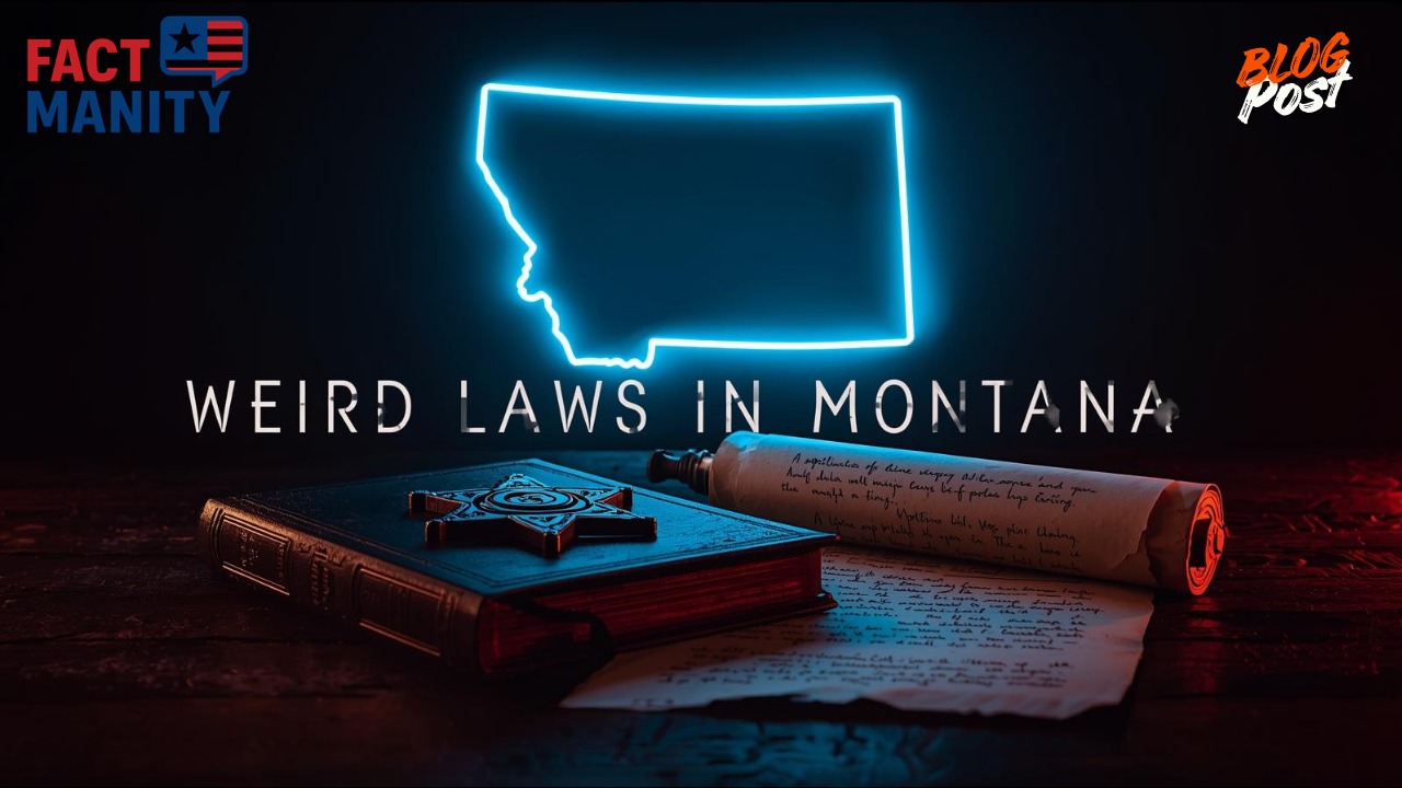 Weird laws in Montana displayed over a neon outline map of Montana with vintage law book and sheriff badge
