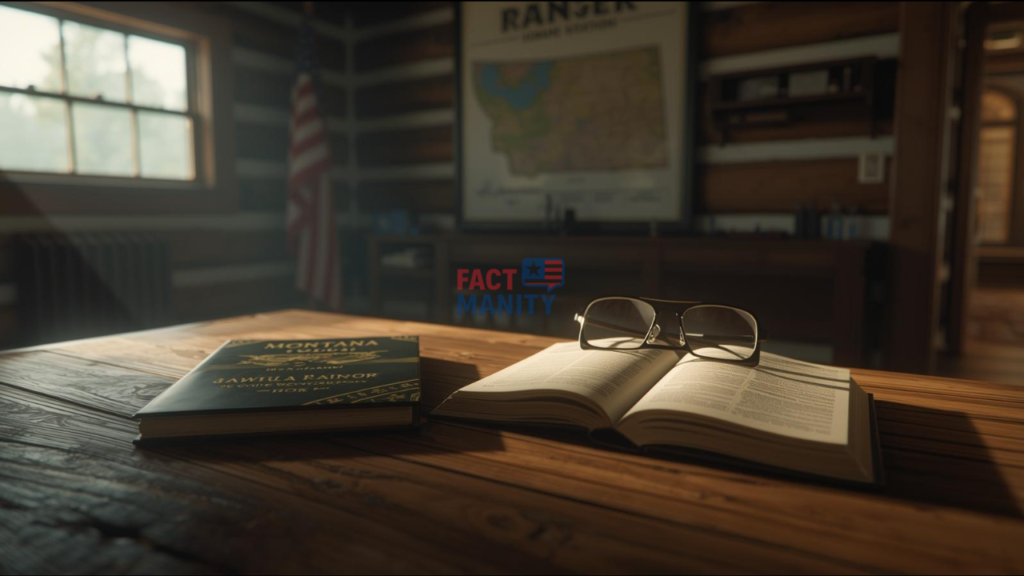 Quick facts about weird laws in Montana displayed with official Montana Code book and wildlife regulations in a realistic ranger station setting