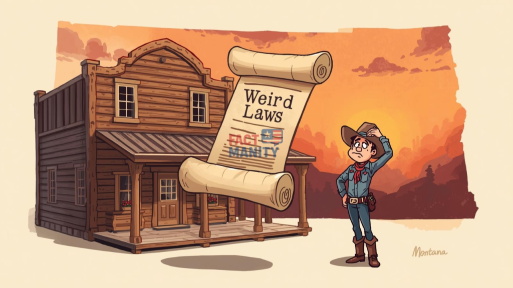 Strange and funny weird laws in Montana illustrated in a western town setting.