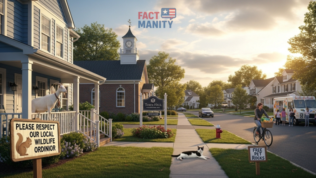 Strange local weird laws in 
New Jersey illustrated with 
goat on suburban porch 