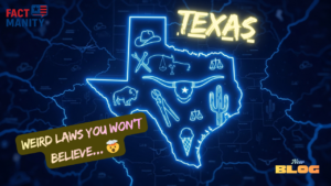 Texas state map with blue neon lighting, highlighting quirky laws and iconic symbols like cowboy hat, longhorn, and cactus