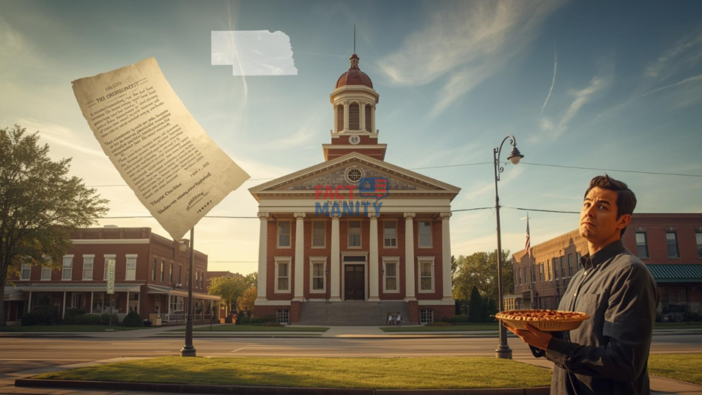 Unbelievable weird laws in Nebraska illustrated in small town courthouse setting.
