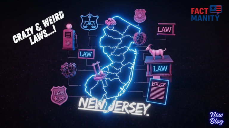 Weird Laws in New Jersey illustrated with glowing neon New Jersey map and strange law icons