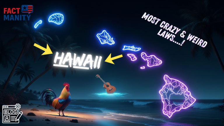 Weird laws in Hawaii illustrated with neon Hawaii state map outline and tropical symbols