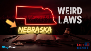 Weird laws in Nebraska displayed with neon outline map of Nebraska and vintage law book on desk.