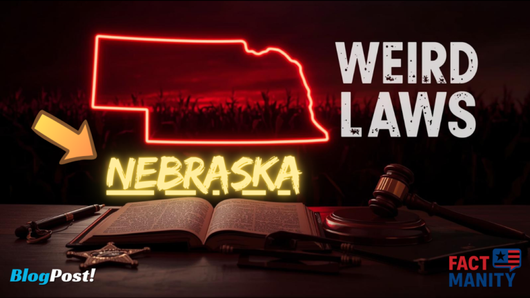 Weird laws in Nebraska displayed with neon outline map of Nebraska and vintage law book on desk.