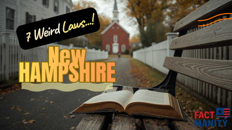 Weird laws in New Hampshire illustrated with church, chicken, and vintage law book.