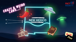 Weird laws in New Mexico illustrated with glowing New Mexico map and strange law icons
