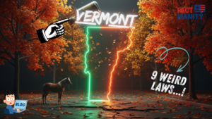 Weird laws in Vermont illustrated with neon Vermont state map outline and maple theme