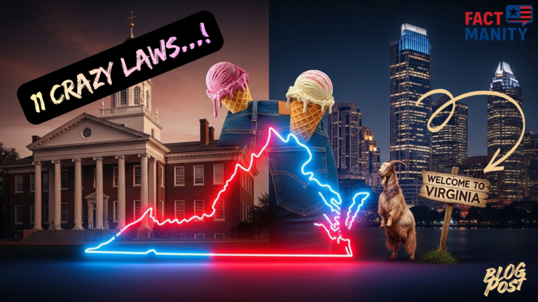 Weird laws in Virginia illustrated with neon Virginia state map and quirky law symbols